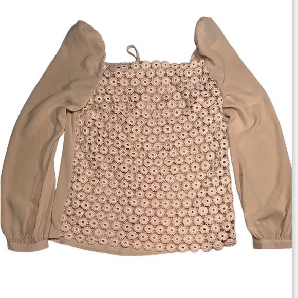 Easley  Romantic Cotton Crochet Detailing Puff Sheer Sleeves Blush women’s top - Picture 1 of 13